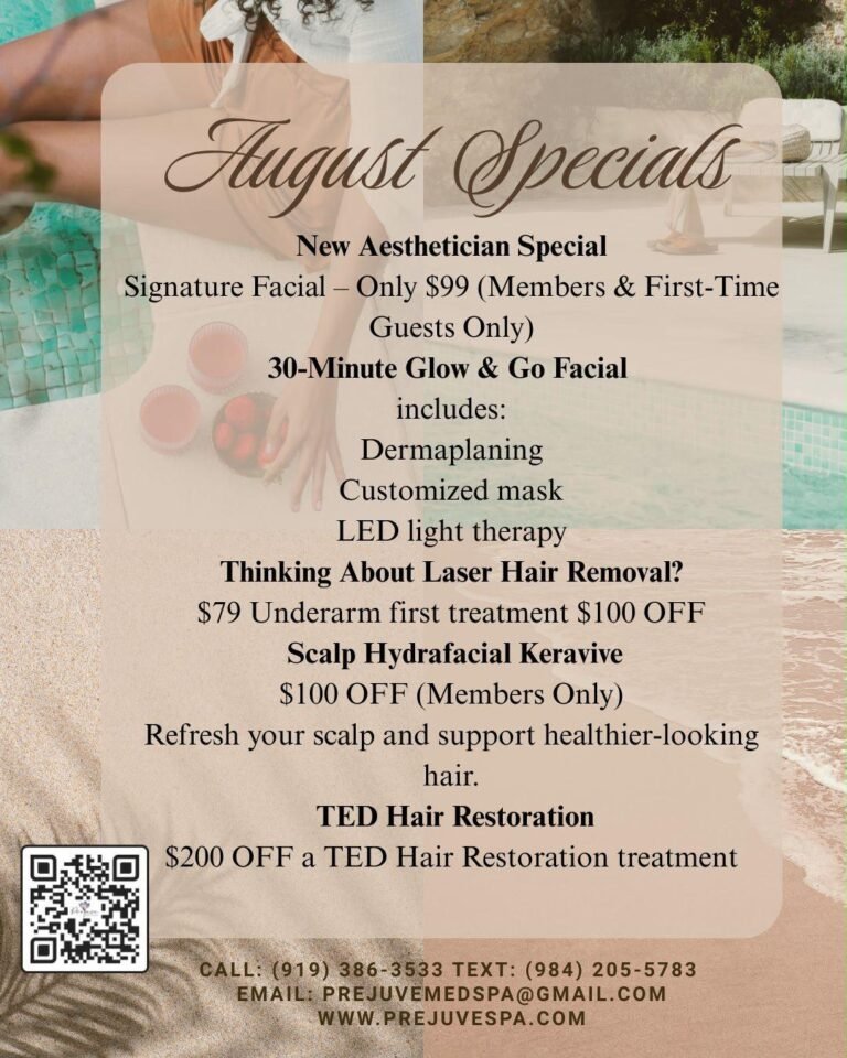 Prejuve MedSpa August Specials - Facial, Laser Hair Removal, Hydrafacial and TED Hair Restoration Discounts